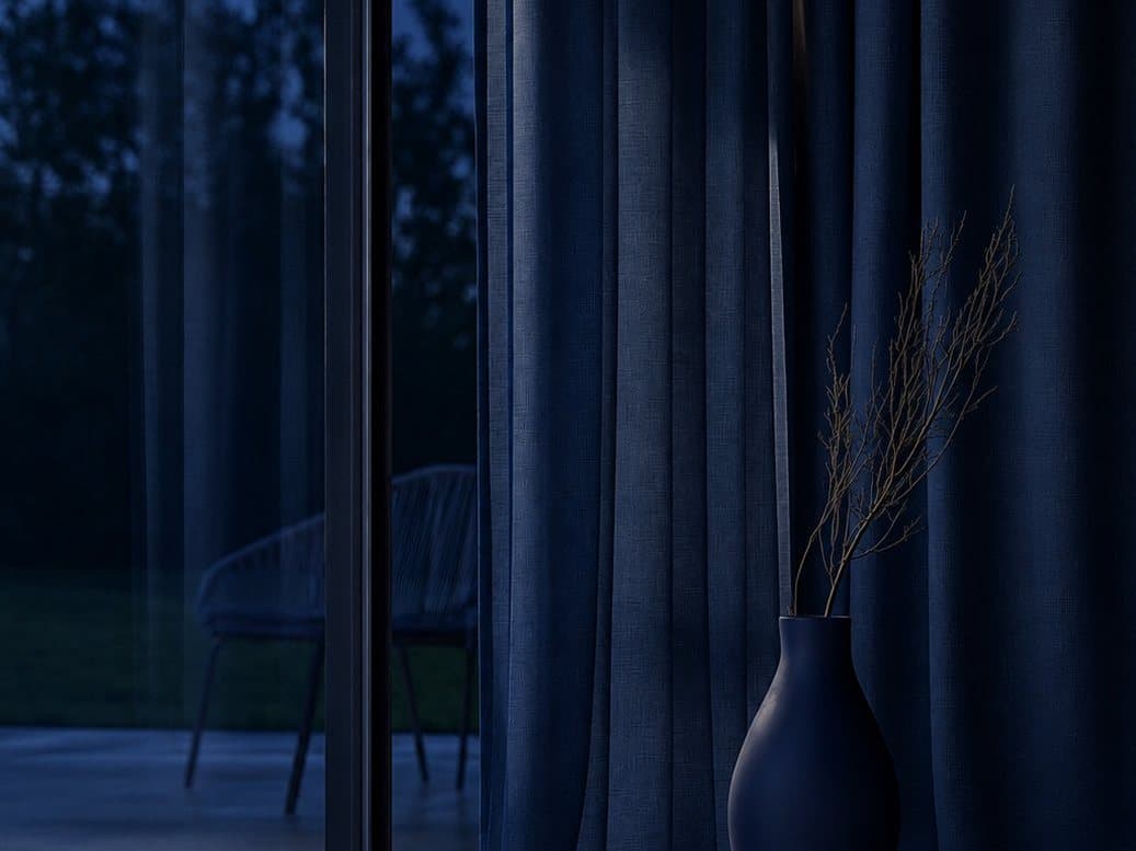 Navy drapes drawn across a tall glass door at dusk