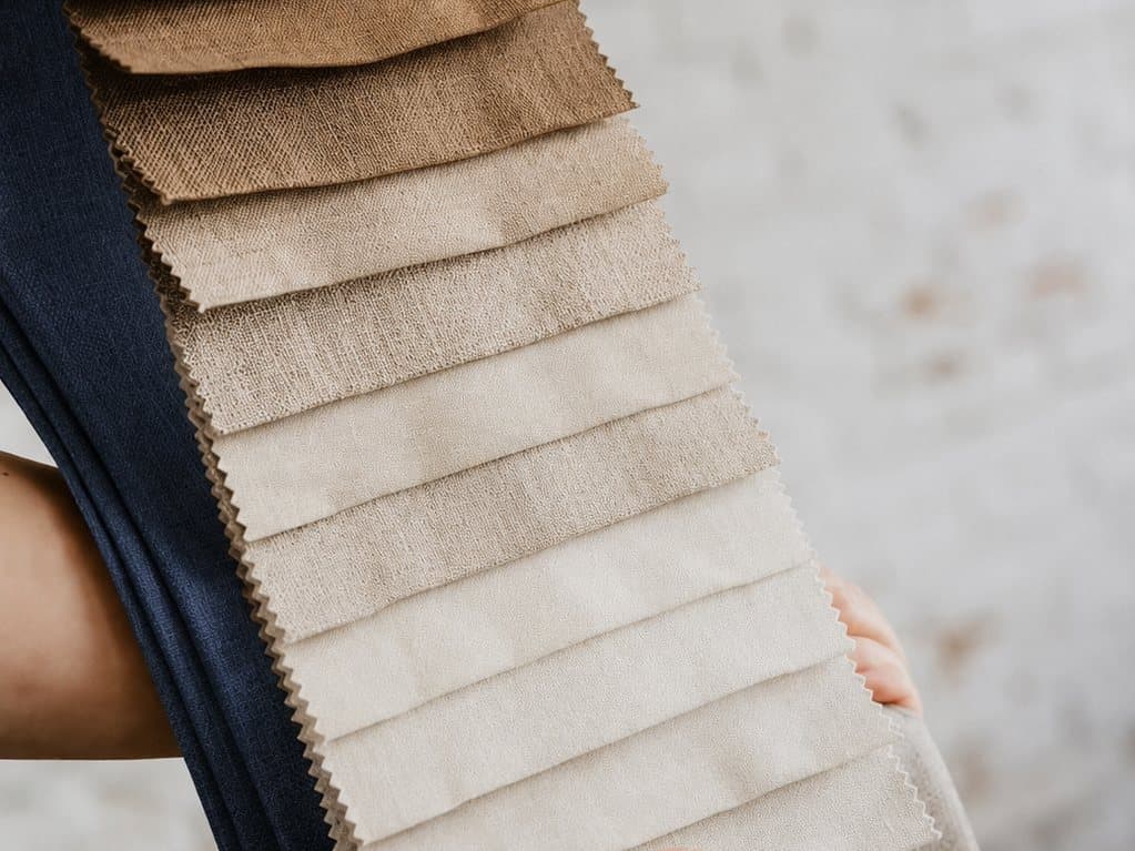 Hands leafing through a fabric sample book