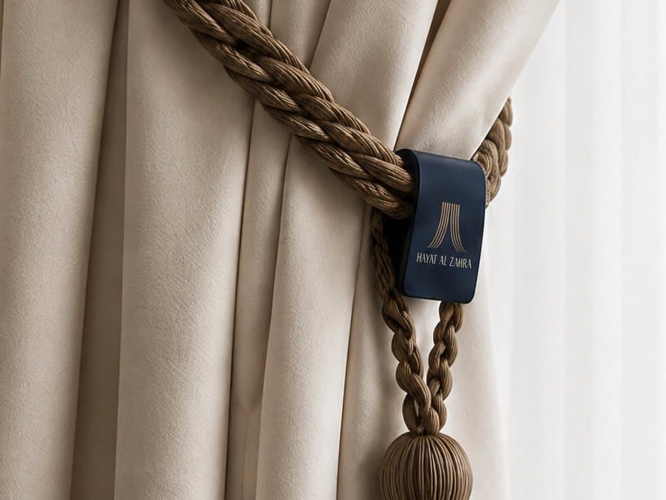A taupe curtain with a rope tie-back, hung floor to ceiling